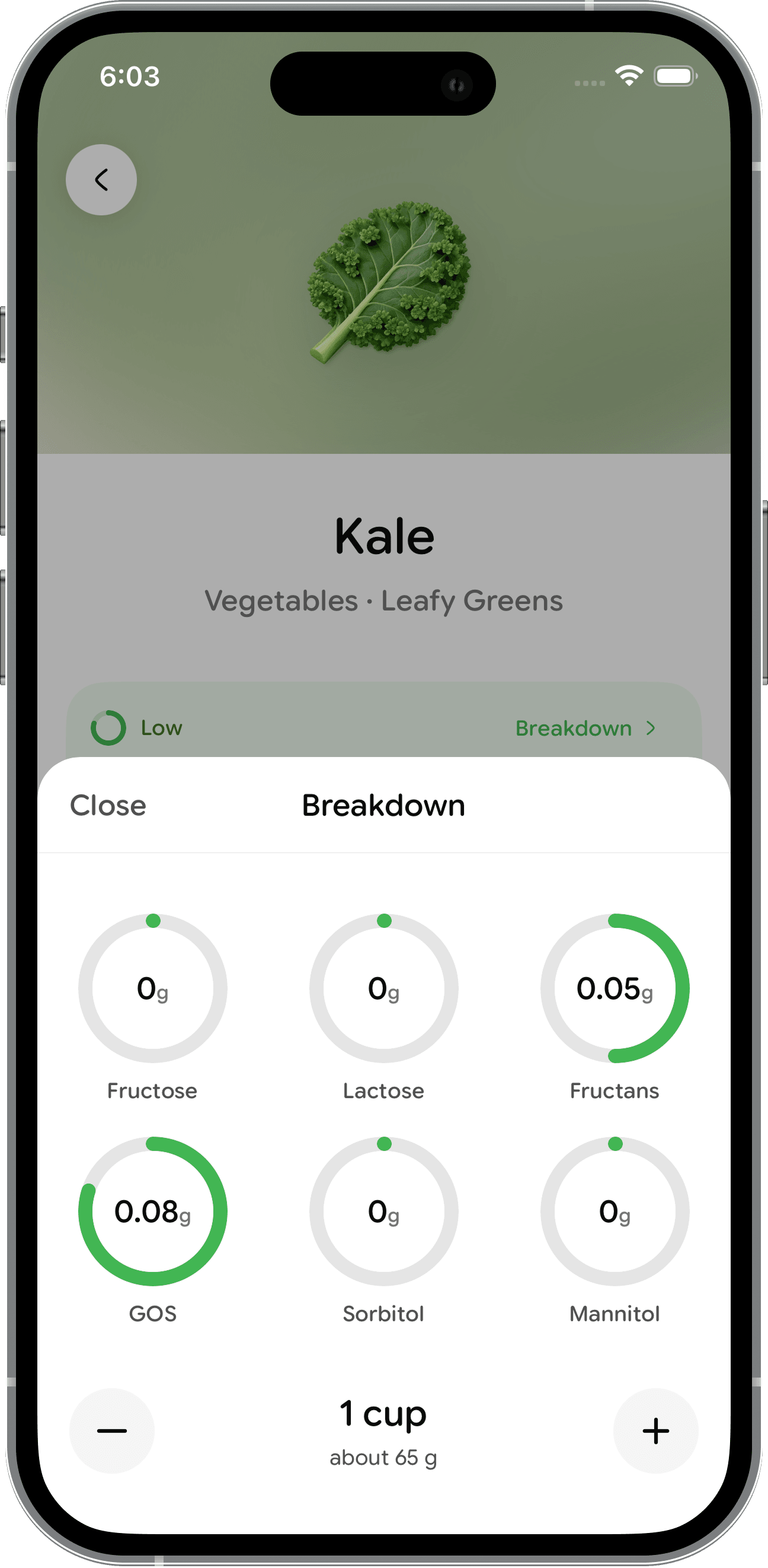 Gut Friendly kale detail showing a portion-sensitive food breakdown