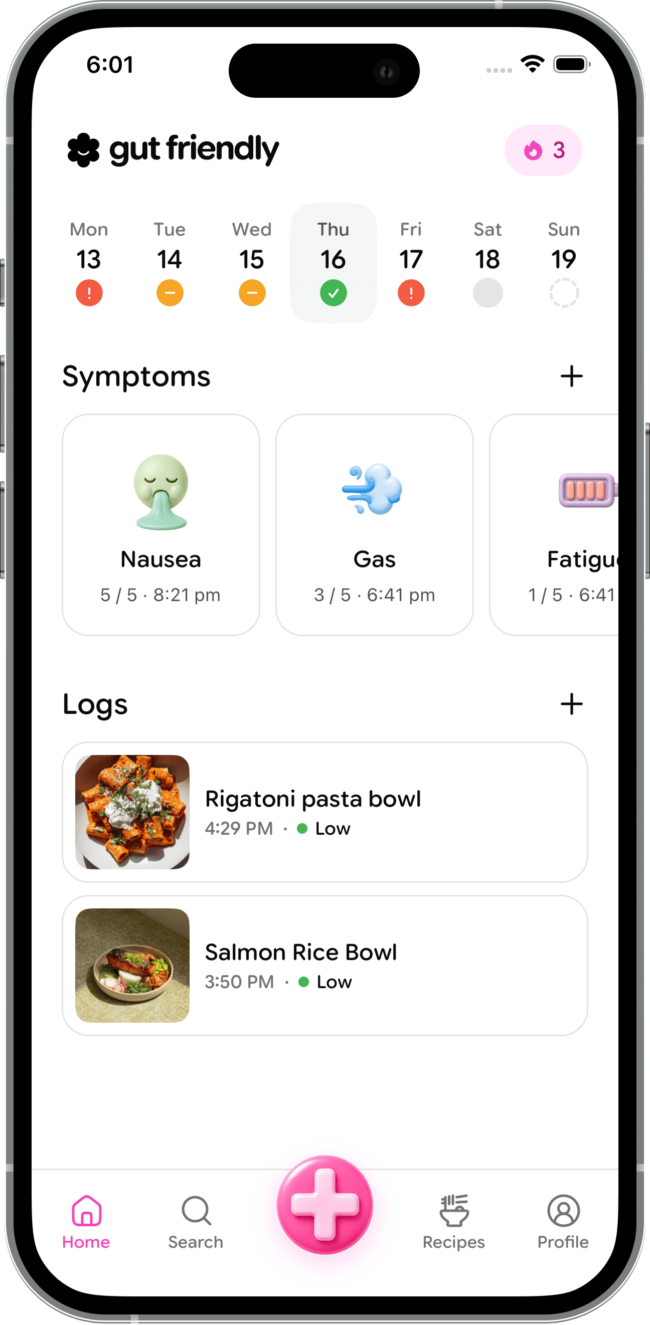 Gut Friendly home diary showing symptoms and logged meals