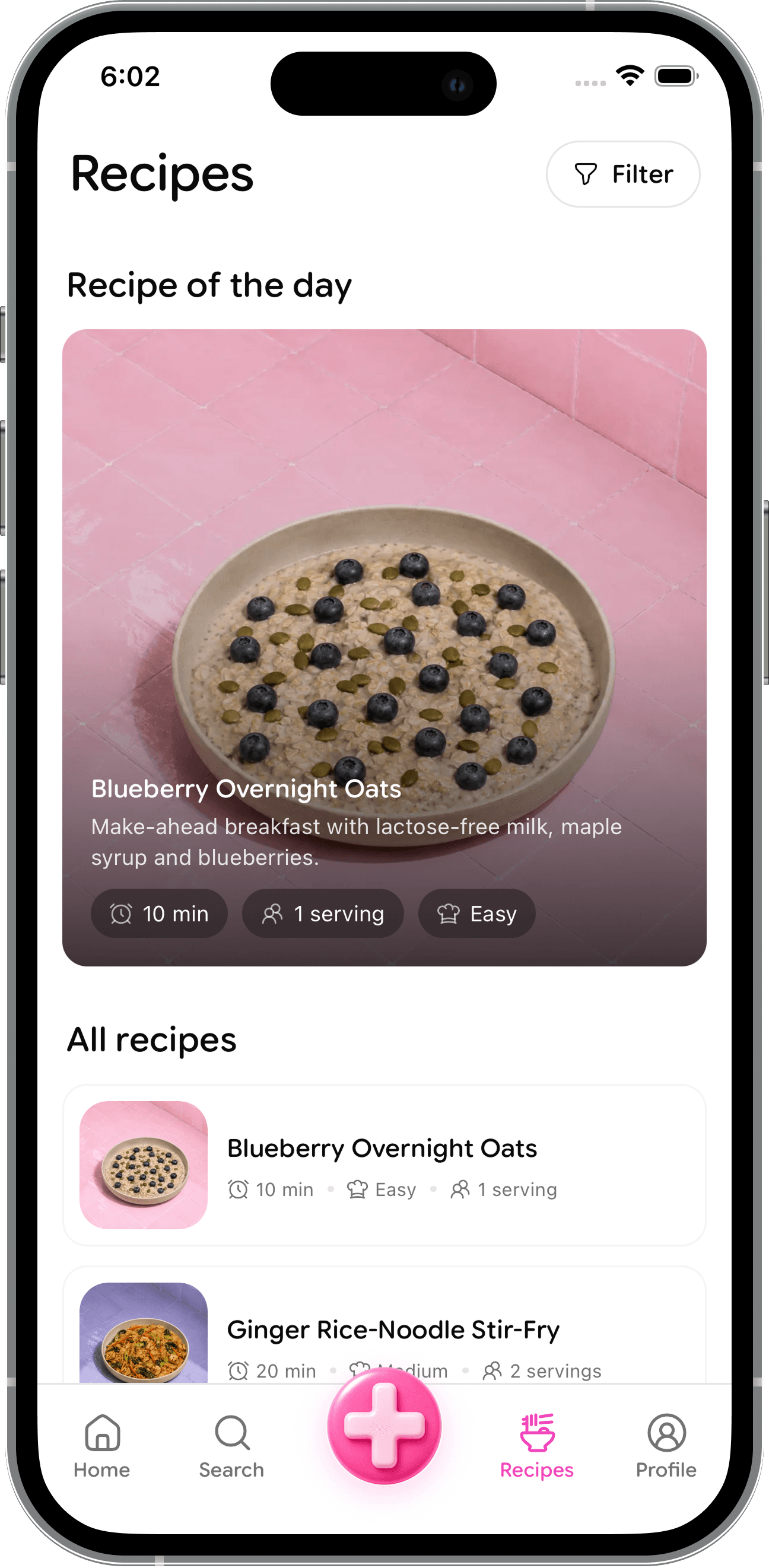 Gut Friendly recipes screen featuring blueberry overnight oats