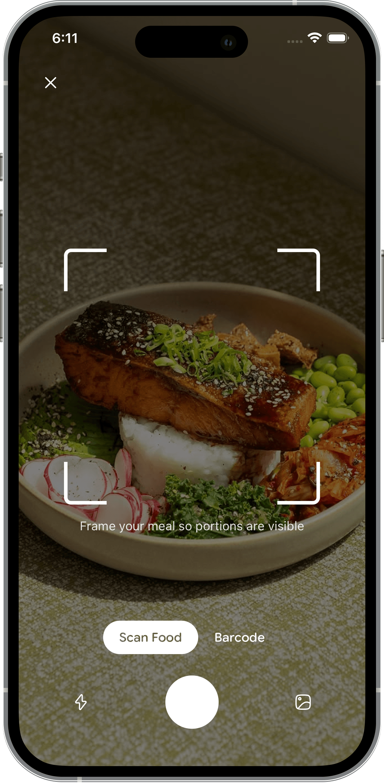 Gut Friendly meal scanner framing a salmon rice bowl
