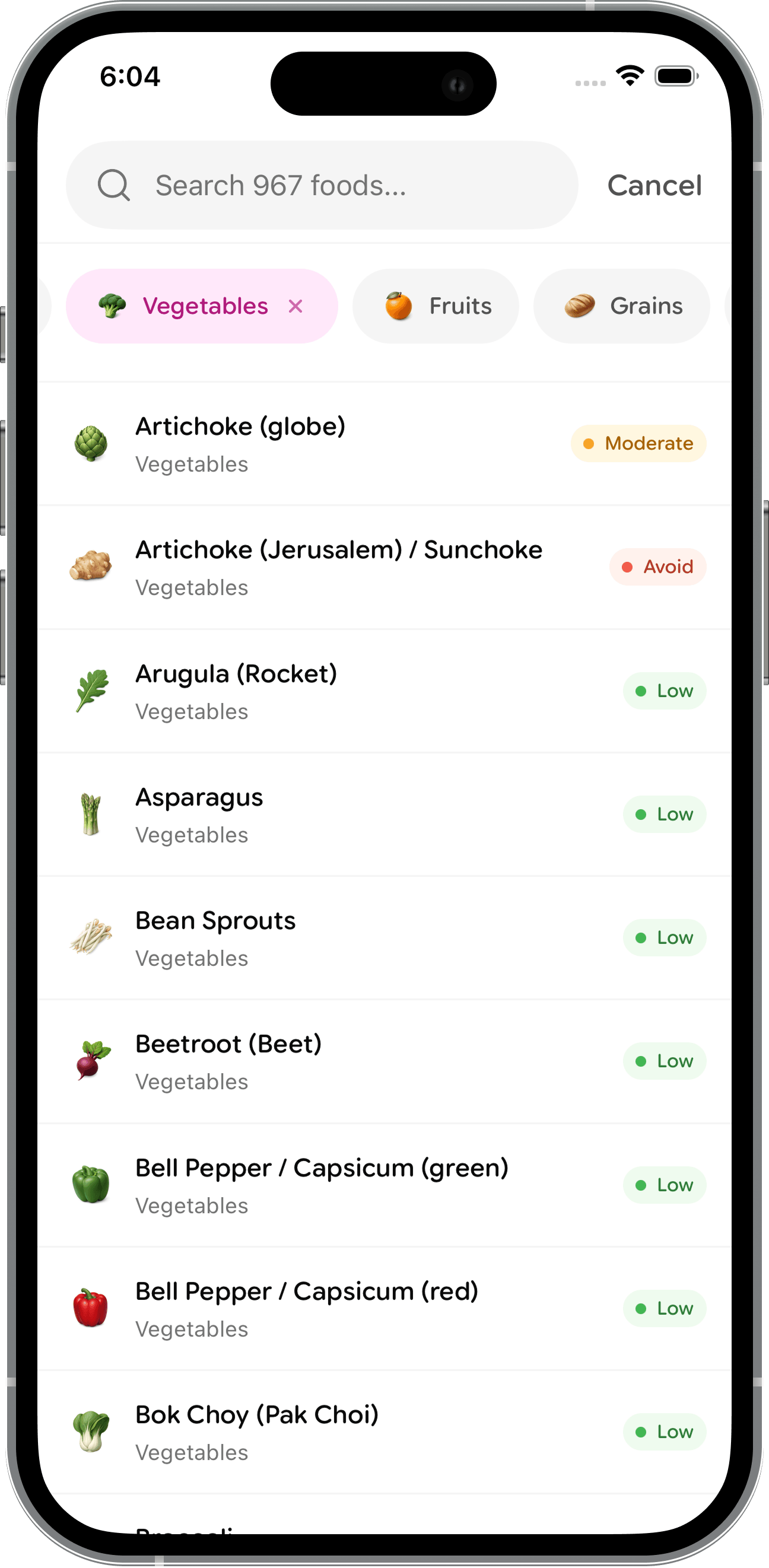 Gut Friendly food search with category filters and food ratings