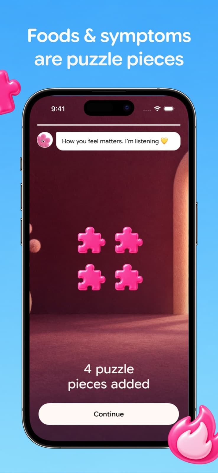 Collect puzzle pieces for logging foods and symptoms