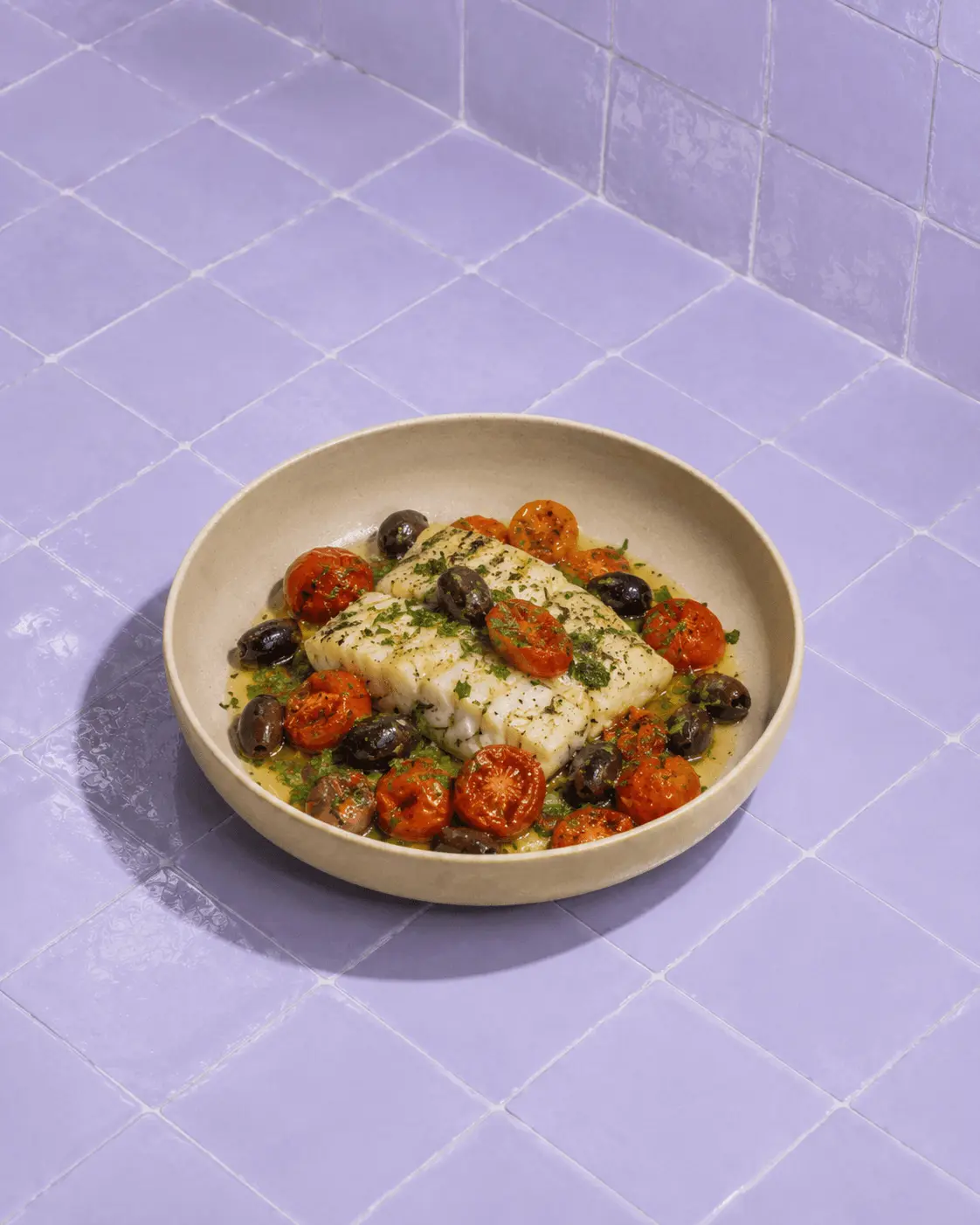 Baked Cod with Cherry Tomatoes and Olives
